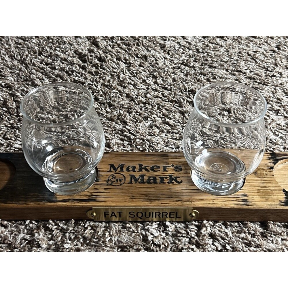 Maker’s Mark Bourbon Tasting Flight Board w/ 2 Glasses Wooden Barware